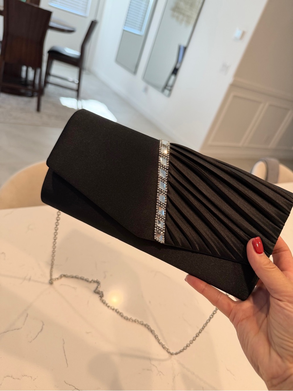 Black Satin Evening Clutch with Rhinestone Trim
